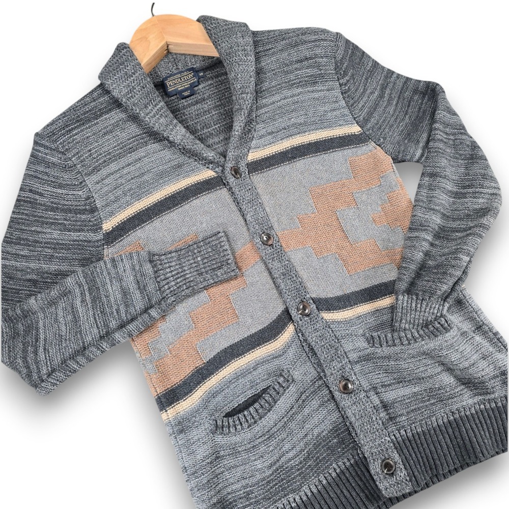 Pendleton Mens XS Cardigan Sweater Gray Cotton Shawl Collar Southwestern Pattern